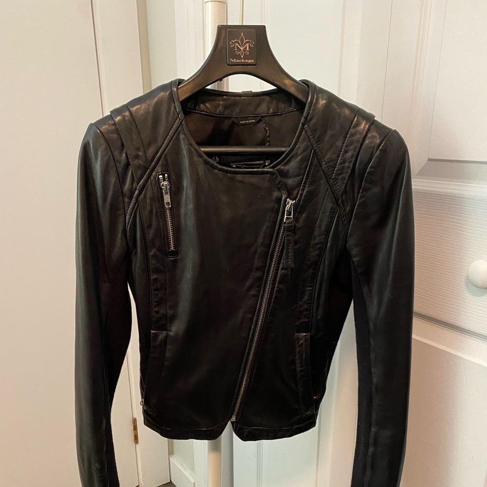 Mackage leather biker jacket with asymmetrical zipper and ribbed side pa…